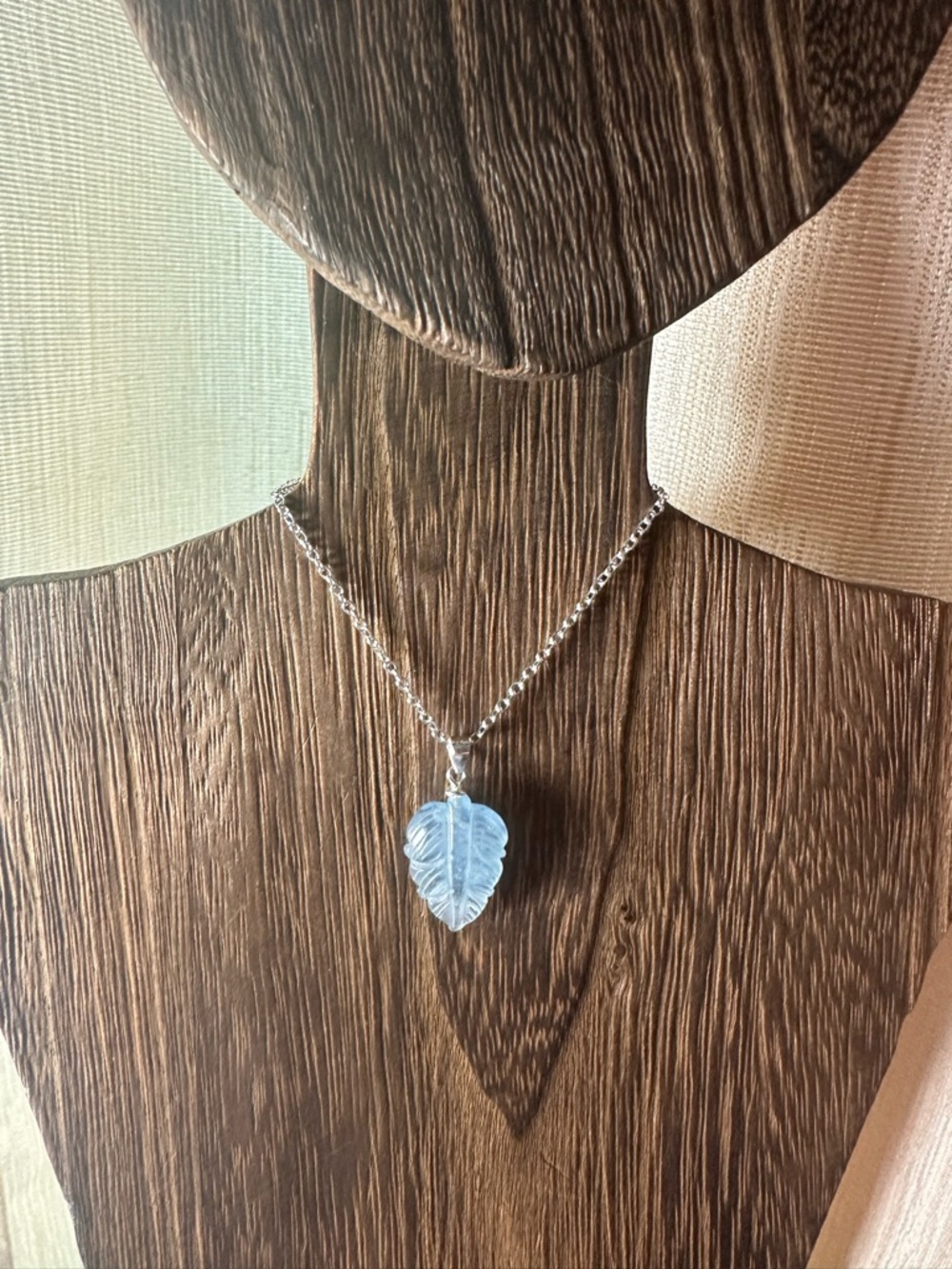 Small Aquamarine Leaf Pendant on Sterling Silver Bail and Silver Plated Chain - Picture 7 of 15